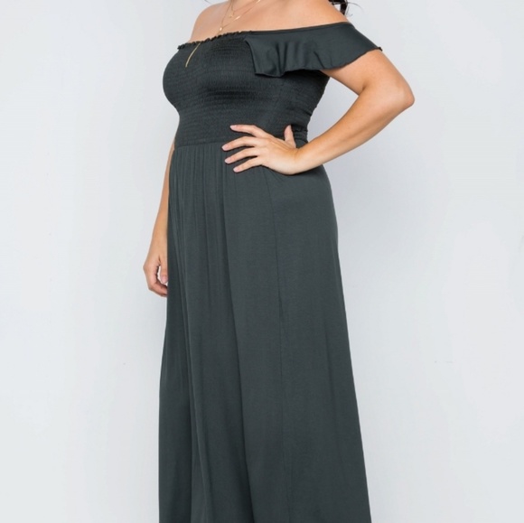 Plus Size Hunter Green Smoked Solid Maxi Dress - Picture 3 of 5
